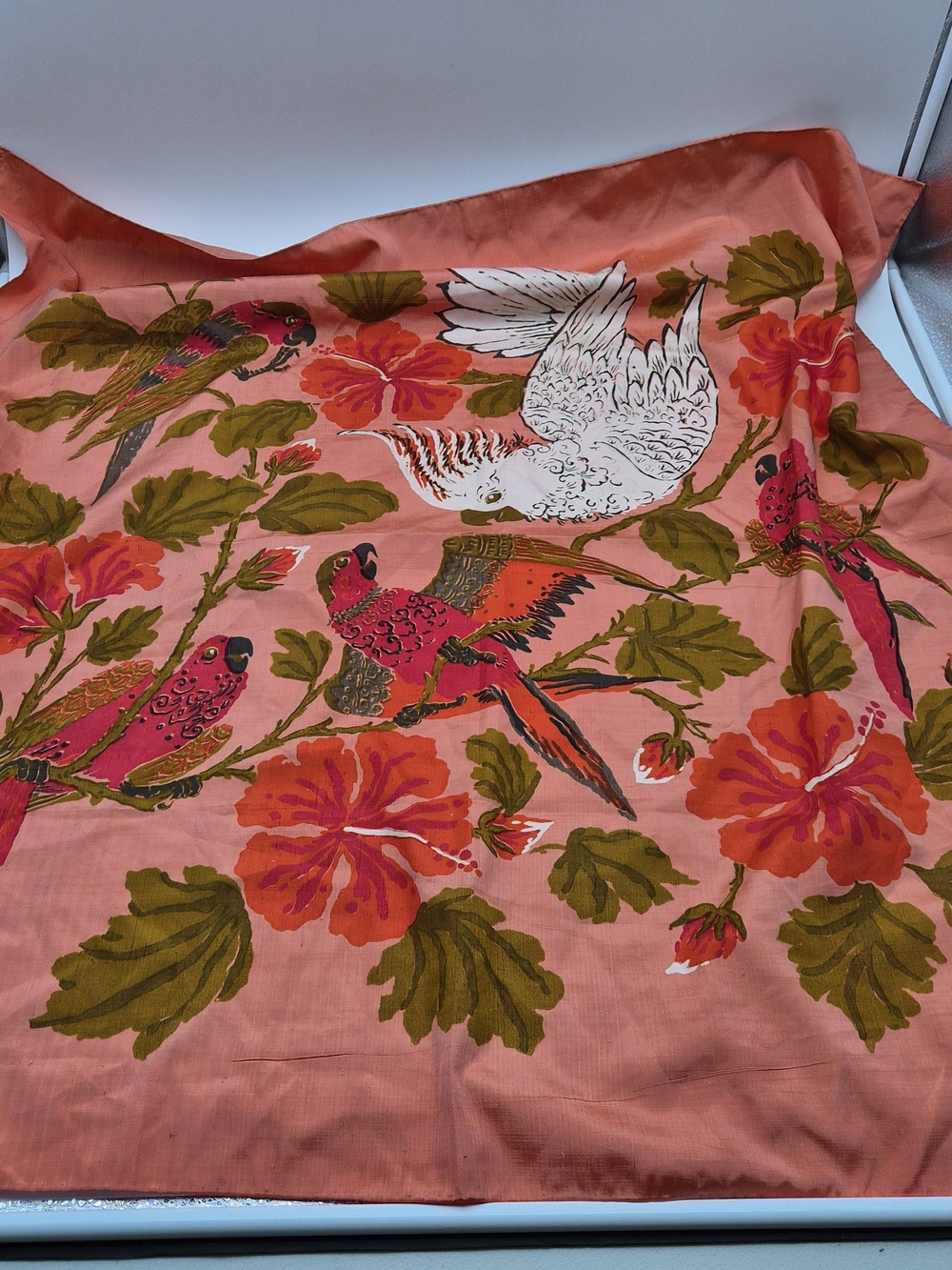 Tropical Parrot Hibiscus Print Coral Scarf by Jim Thompson Resort Vacation